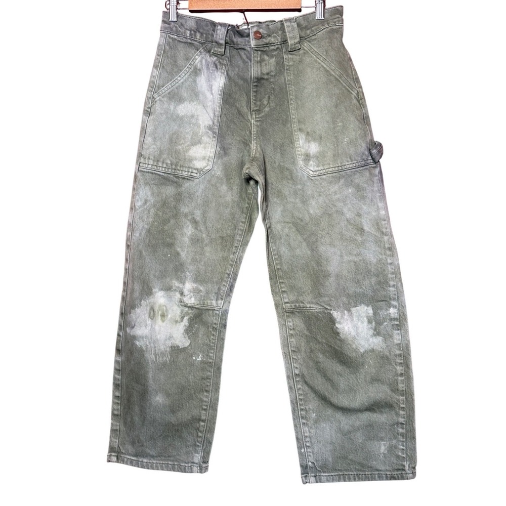 Böhme Carpenter Jeans Women Size 27 Olive Green Distressed Utility Workwear
